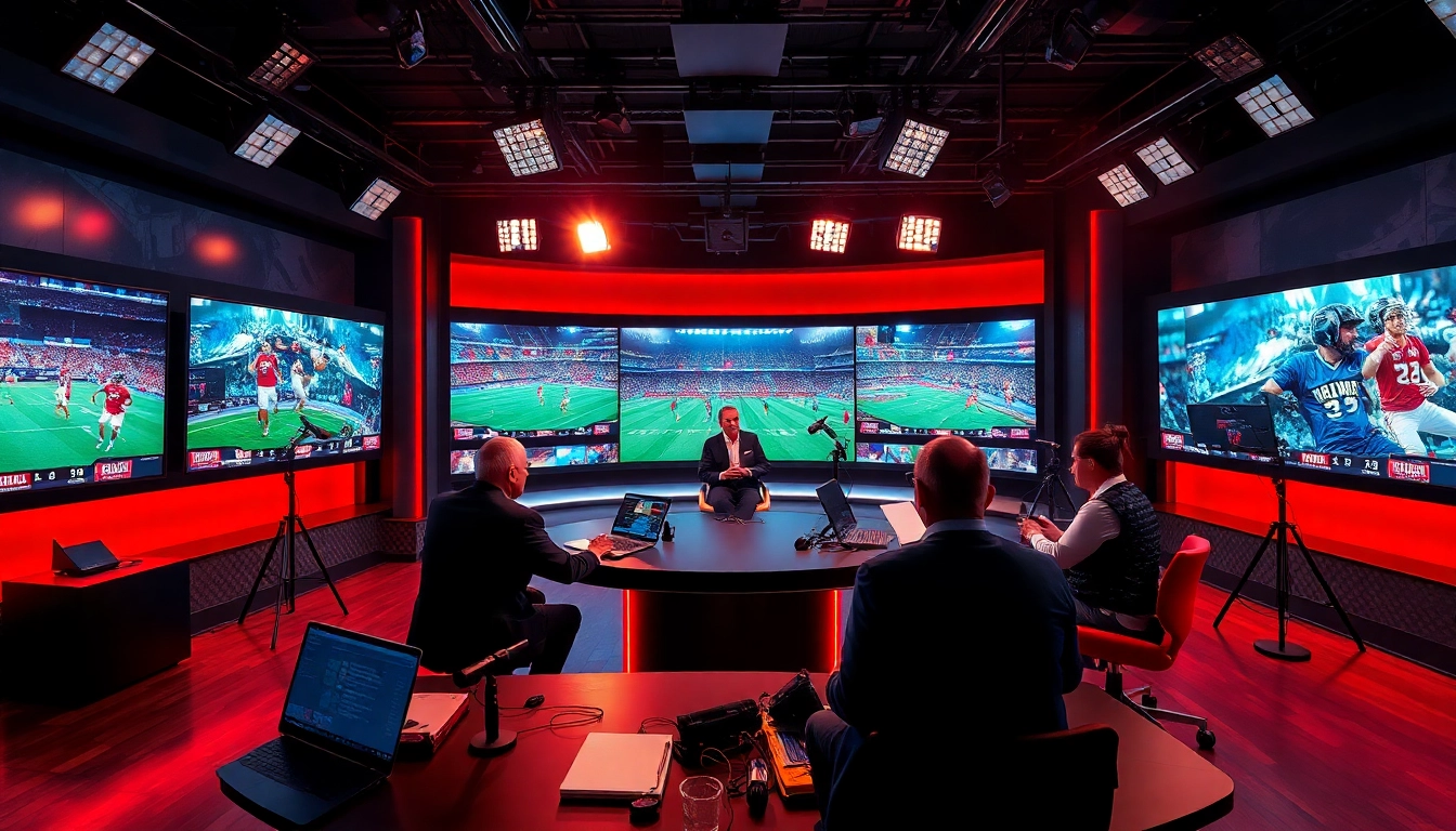 Engaging scene of Sports Broadcasting in a modern studio with anchors presenting live updates.