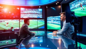 Anchor presenting major Sports Broadcasting news in a modern studio.