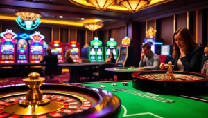 S8 Casino players eagerly strategizing at a vibrant gaming table filled with colorful chips and roulette.