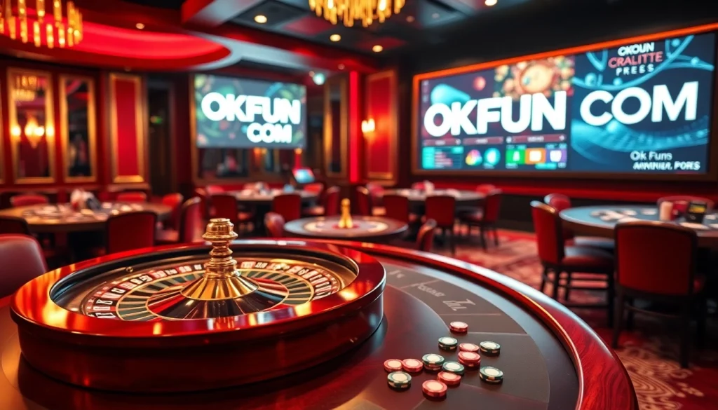 Engaging players at the OKFUN COM casino table with a spinning roulette wheel and vibrant poker chips.