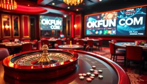 Engaging players at the OKFUN COM casino table with a spinning roulette wheel and vibrant poker chips.