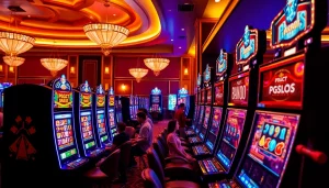 Experience the thrill of PGSLOT gaming at a luxurious casino filled with colorful slot machines and excited players.