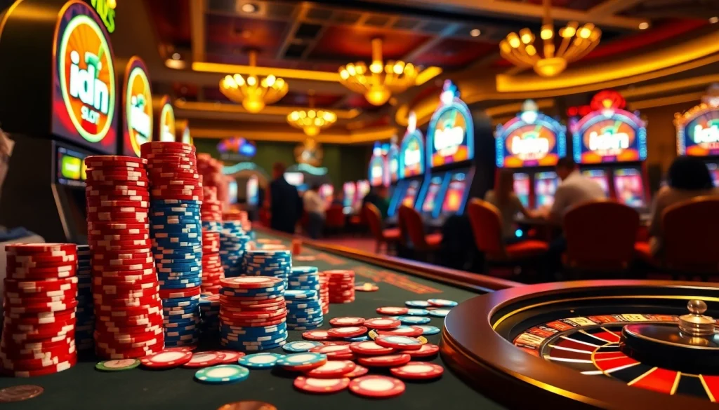 Engaging scene of idn slot gaming with vibrant casino tables and excited players.