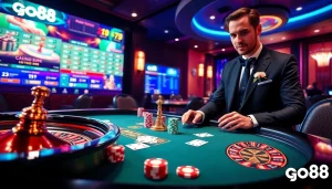 Experience the thrill of go88 gaming with vibrant poker and roulette in an elegant casino atmosphere.