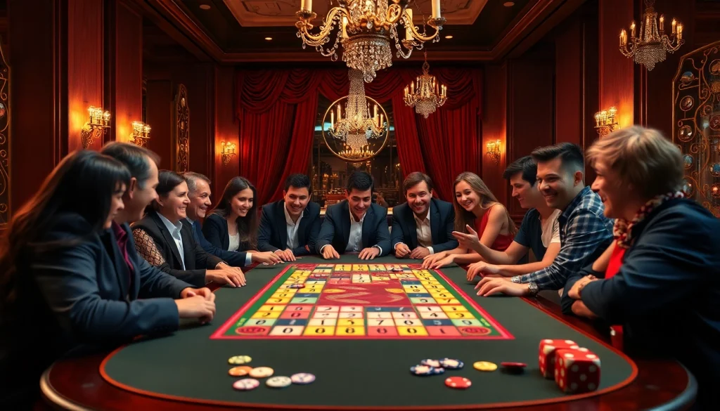 Exciting players enjoy רמיקוב אונליין at a luxurious casino table filled with vibrant tiles and rich decor.
