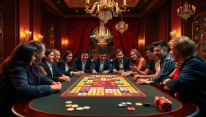 Exciting players enjoy רמיקוב אונליין at a luxurious casino table filled with vibrant tiles and rich decor.