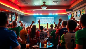 مشجعون متحمسون يستمتعون بمباراة koora live لكرة القدم في حانة رياضية، يعرضون قمصان الفرق وأجواء حيوية.