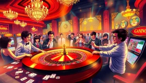 A vibrant casino scene showcasing players at a roulette table, highlighting the excitement of nhà cái tobet88