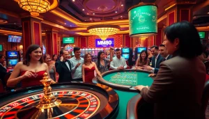 Experience the excitement of gambling at MM88 with vibrant casino visuals showcasing poker tables and roulette wheels.