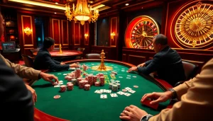 Engaging poker game at QH88 casino with vibrant chips and cards showcasing excitement.