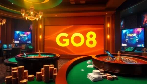 Excited players engaging in GO8 online casino games with vibrant luxury casino elements.