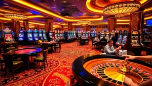 Experience K9K9 excitement with vibrant casino action illustrated through poker tables, roulette wheels, and slot machines.