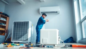 AC Repair Saint Petersburg FL technician repairing an air conditioning unit in a bright room.