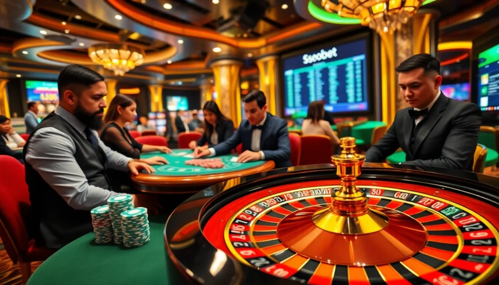 Engaging scene depicting sbobet sports betting with gamblers at a vibrant casino table.