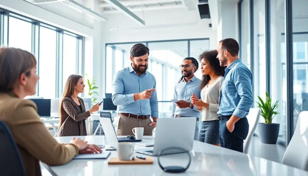 专业人士在现代办公室协作，笔记本上显示 WPS 软件界面。