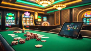 Experience the thrill of winning at nohu90's luxury poker table amidst slot machines.