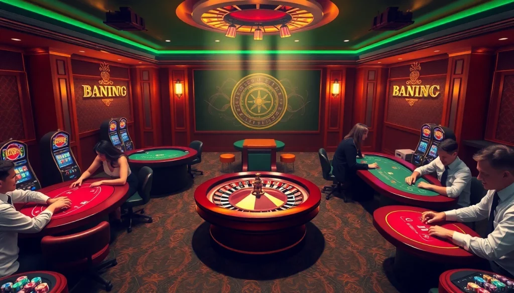 An exciting casino scene at https://qq88.life/ featuring roulette, blackjack, and poker tables filled with players.