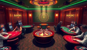 An exciting casino scene at https://qq88.life/ featuring roulette, blackjack, and poker tables filled with players.