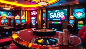 Experience luxury gaming at sa88 with vibrant slot machines and a gaming table.