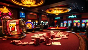 Betting excitement at a poker table featuring luck8 chips and cards in a luxurious casino setting.