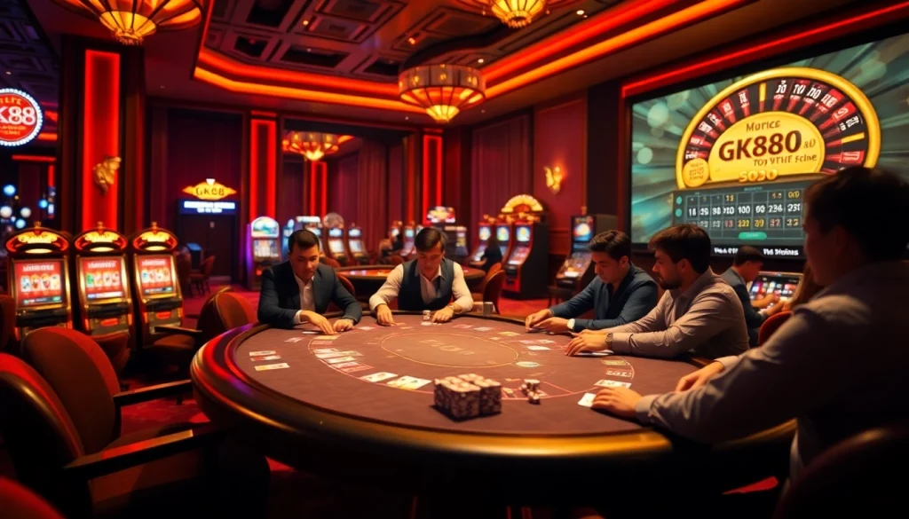 Players strategizing at a poker table on https://gk88.in.net/ with chips and cards in an elegant casino setting.