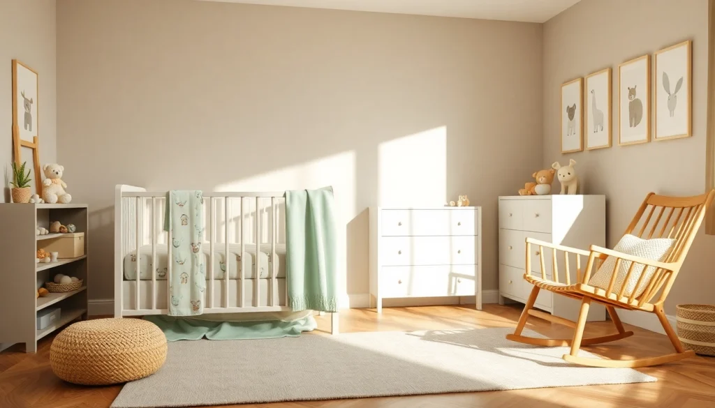 MMOO nursery with stylish crib, soft pastel colors, and cozy decor.