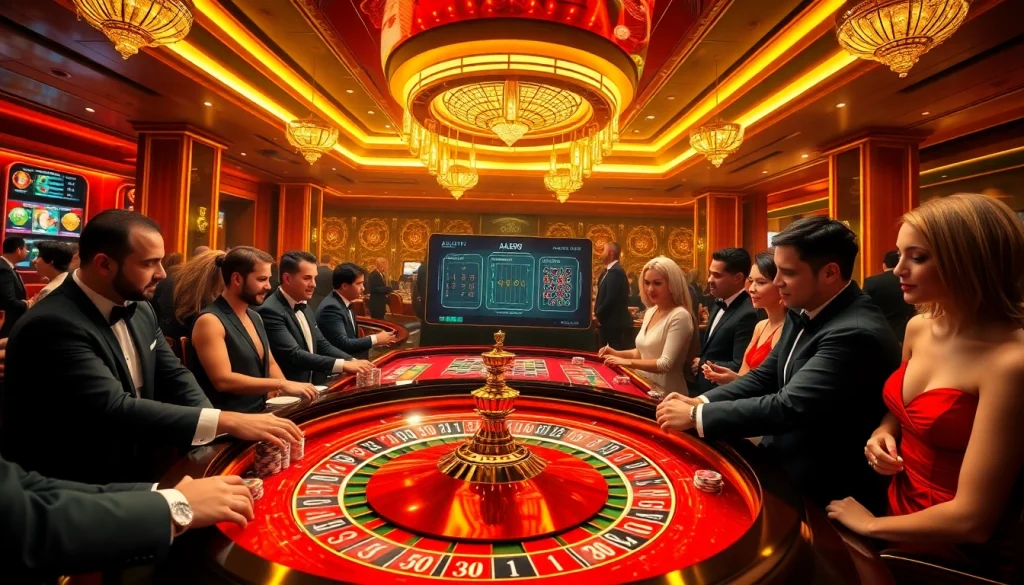 Players enjoying lively games at ALO789 casino tables, surrounded by chips and excitement.