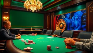 Players enjoy high-stakes poker at kp88.com, surrounded by vibrant casino decor and glimmering chips.