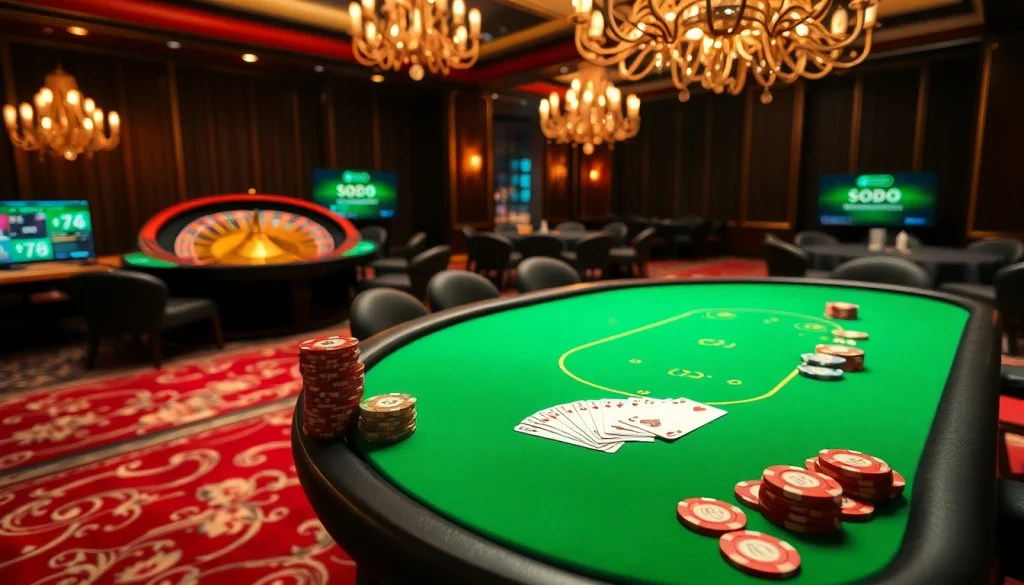 SODO casino scene showcasing high-stakes poker with exclusive chips and winning cards.