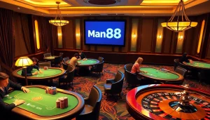 Experience the thrill of gaming at Man88, featuring vibrant poker tables and exciting gameplay.