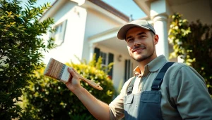 Painters applying fresh paint to a home's exterior, showcasing vibrant colors and expert craftsmanship.