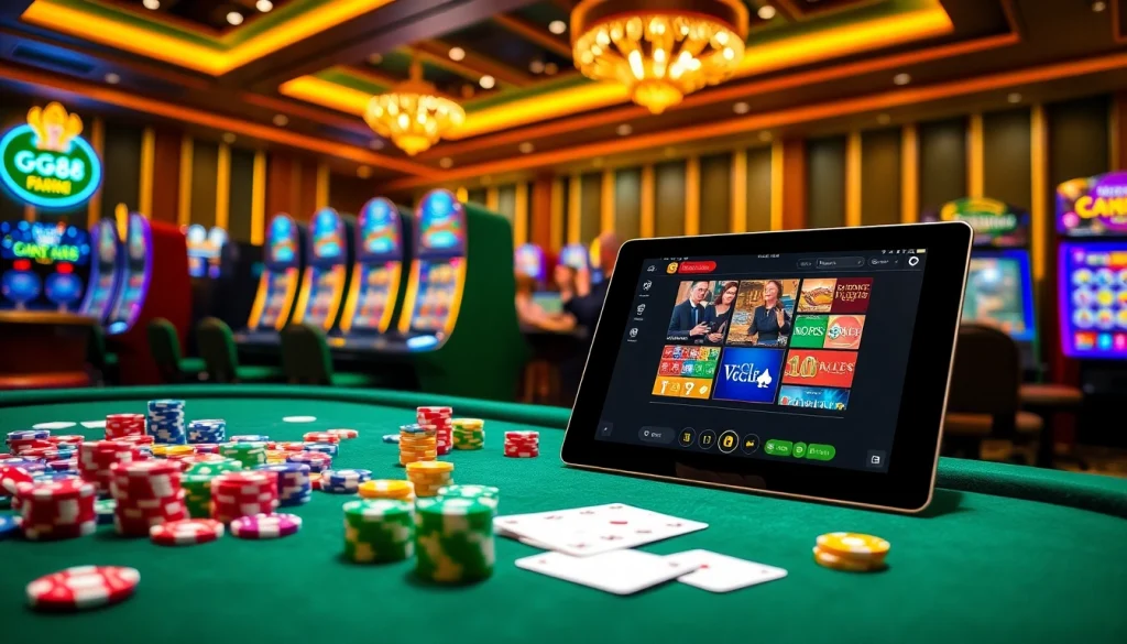 Exciting GG88 casino scene showcasing vibrant gaming tables and online gambling interfaces.