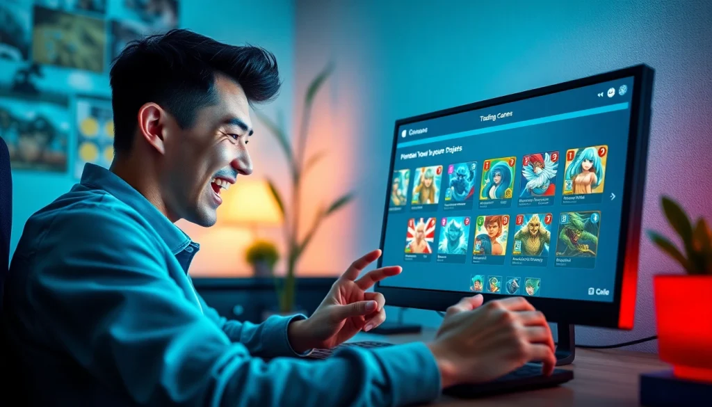 無料のオンラインオリパを楽しむユーザーが、活気あるデジタルトレーディングカードゲームのインターフェースと相互作用している場面。