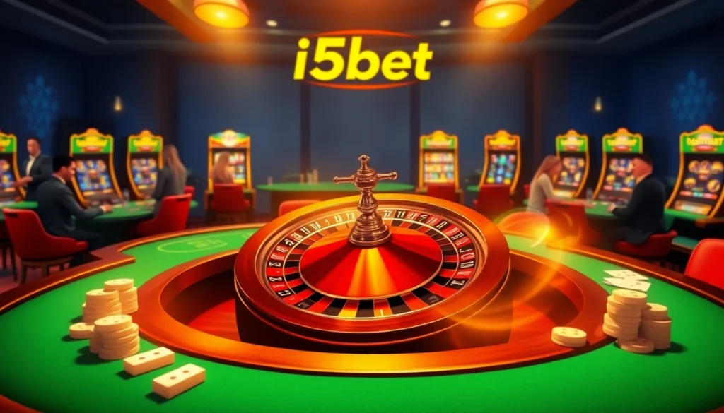 Experience the thrill of winning at i5bet with vibrant casino tables and spinning roulette wheels.