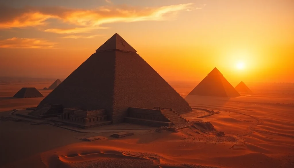 View of the Pyramids of Giza at sunset highlighting ancient structures https://piraminds.com/