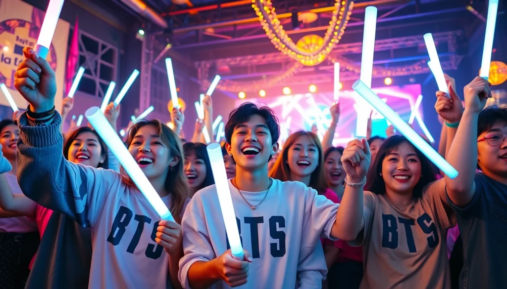 BTS news celebration scene with fans enjoying a vibrant concert atmosphere.