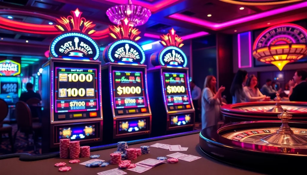 Rasakan sensasi Taruhan Slot 100 dengan mesin yang berwarna-warni dan pemain yang antusias di sebuah kasino mewah.