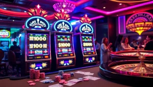 Rasakan sensasi Taruhan Slot 100 dengan mesin yang berwarna-warni dan pemain yang antusias di sebuah kasino mewah.