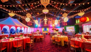 Las Vegas Party Rentals showcasing vibrant tables and colorful decorations for festive events.