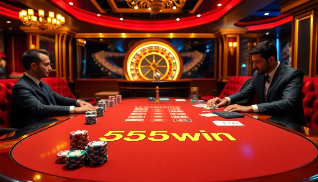 Experience high-stakes poker action at 555win casino with vibrant chips and cards.