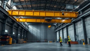 Bridge crane lifting heavy materials in an industrial warehouse, showcasing efficiency and safety.