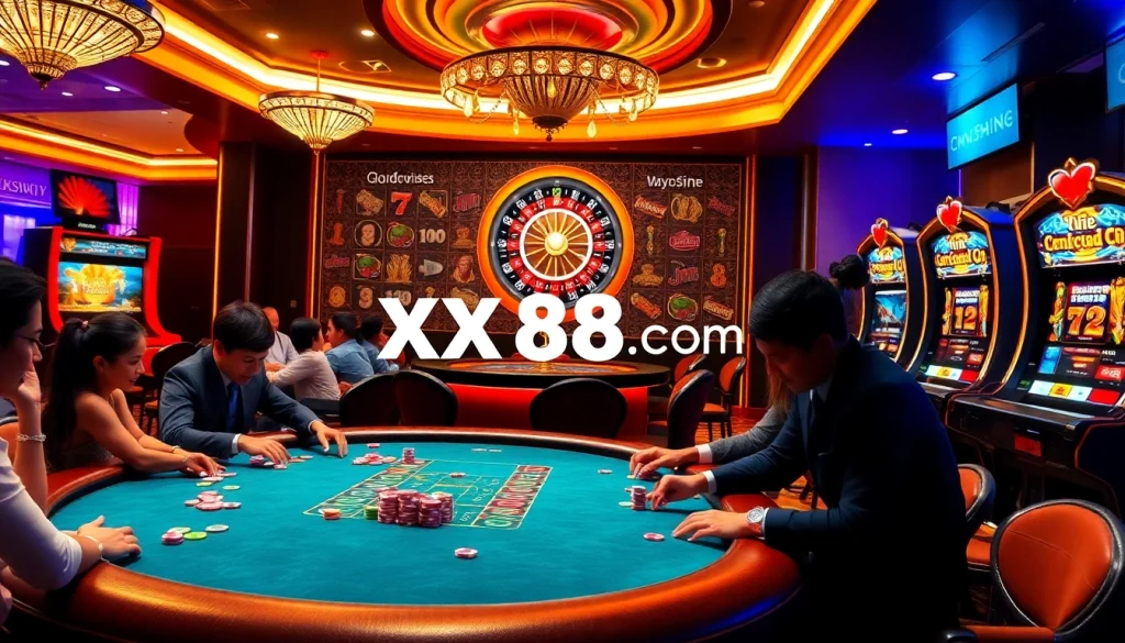 Experience thrilling gaming at https://xx88tv.com/ with vibrant casino scenes featuring poker and roulette.