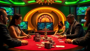 Experience the thrill of j88 gaming with vibrant poker tables and excited players.