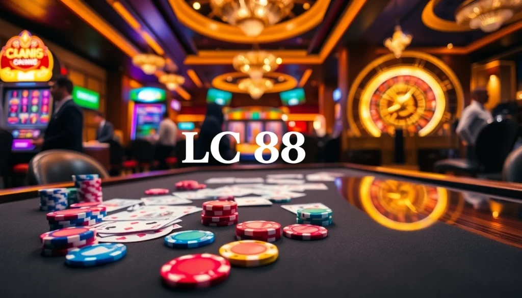Engaging poker game scene at LC 88 casino, showcasing colorful chips and cards in a luxurious setting.