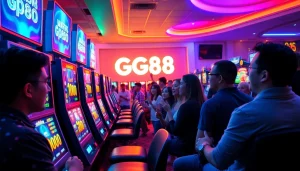 Exciting online gaming scene with players engaged in gg88 slot machines celebrating victories.