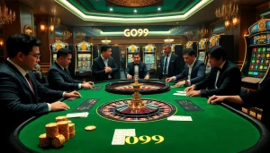 Engaging GO99 casino table scene with focused players amidst vibrant slot machines.