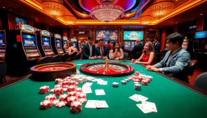 S88vip players engaging at a luxurious casino table with poker chips and roulette wheel.