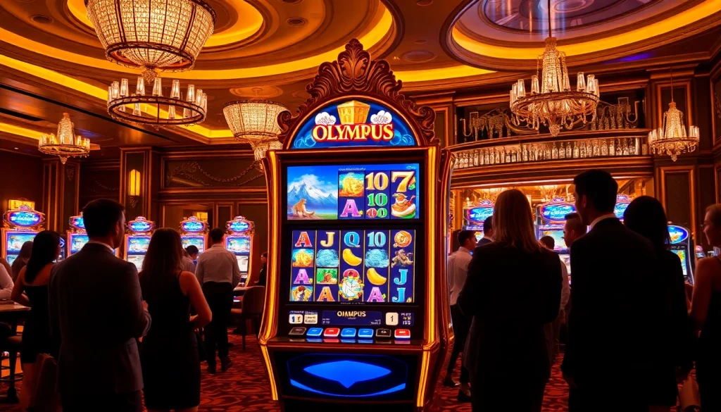 Pemain menikmati mesin slot Olympus yang penuh warna di lingkungan kasino mewah.
