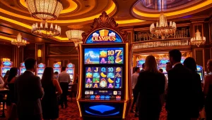 Pemain menikmati mesin slot Olympus yang penuh warna di lingkungan kasino mewah.