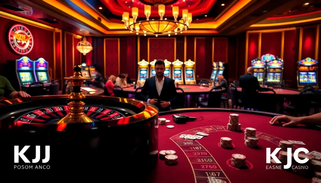 KJC members enjoying a high-stakes game at a luxurious casino, with vibrant roulette wheel and poker tables.